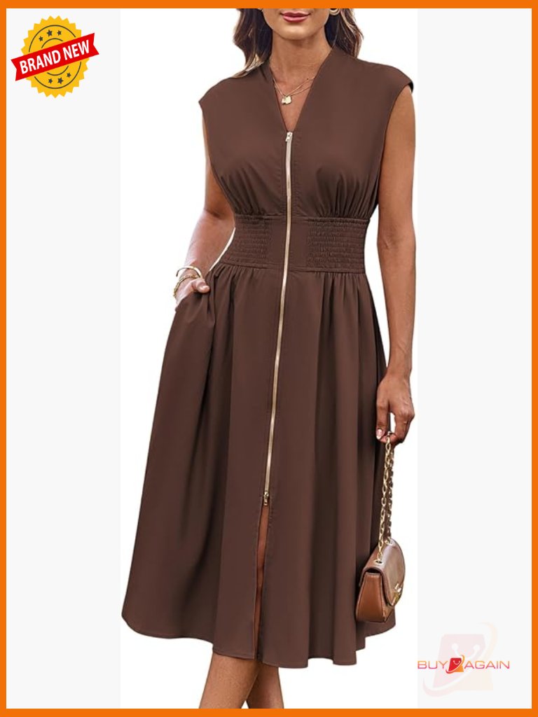 Cap Sleeve Zipper Front Flowy Midi Dress With Pockets